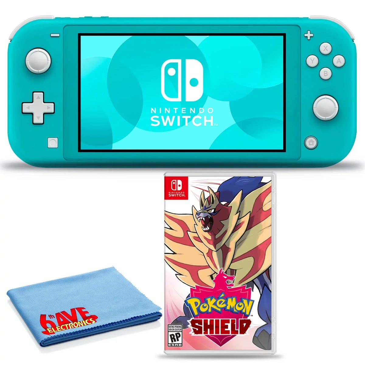 Premium Premium Nintendo Switch Lite (Turquoise) Bundle with 6Ave Cleaning Cloth + Pokemon Shield - Great Deal!