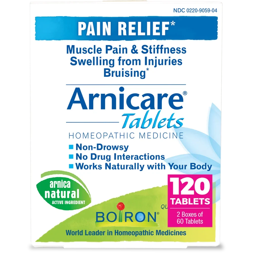 Boiron Arnicare Tablets, Homeopathic Medicine for Pain Relief, Muscle Pain & Stiffness, Swelling from Injuries, Bruising, 2 x 60 Tablets Twin Pack - Great Deal!